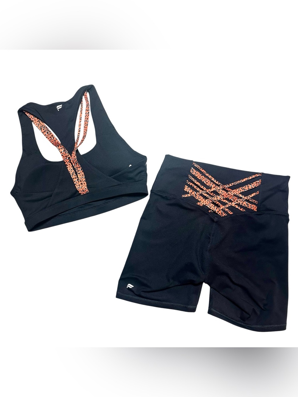 Fabletics Black Bike Shorts & Sports Bra with Coral Leopard Accents NWOT 2pcs